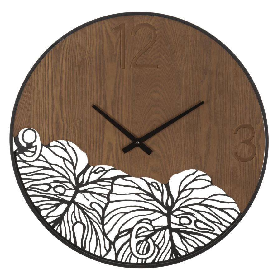 Orologio da parete rotondo metallo e legno foglie tropicali 60 cm Wood/Leaf Naturale