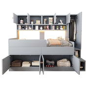 Letto salvaspazio con armadio integrato 90x200 cm; scala contenitore e LED multicolore; grigio per cameretta