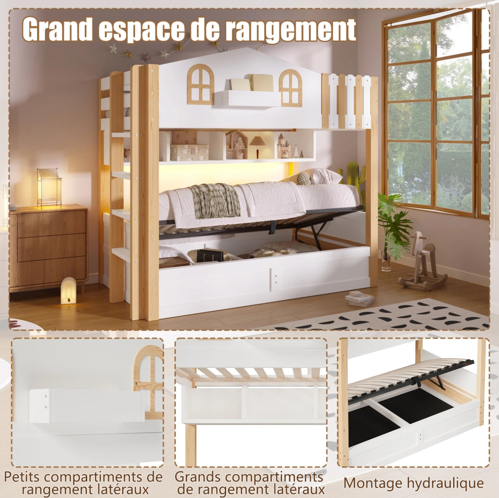 Letto a castello 90x200 cm stile casetta con contenitore idraulico; LED e scala reversibile