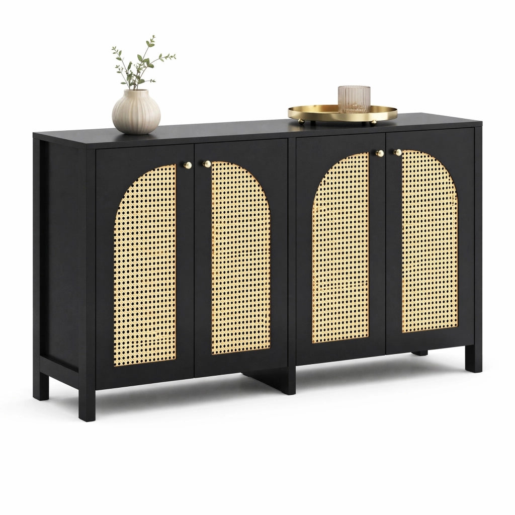 CREDENZA a 4 ante in rattan PE e MDF, nera