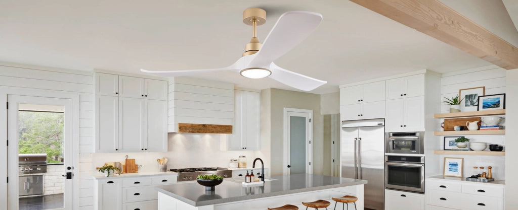 VENTILATORE DA SOFFITTO con luce e telecomando 132 cm bianco e oro, 3 pale in ABS