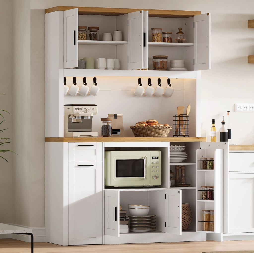 Mobile dispensa da cucina bianco e naturale con LED, prese e ripiani regolabili