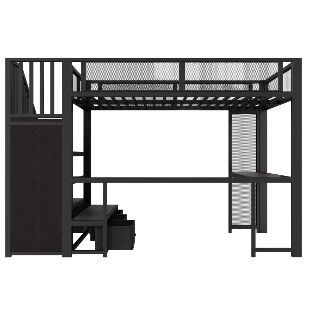 Letto a soppalco 140x200 cm nero con scrivania, LED e cassetti