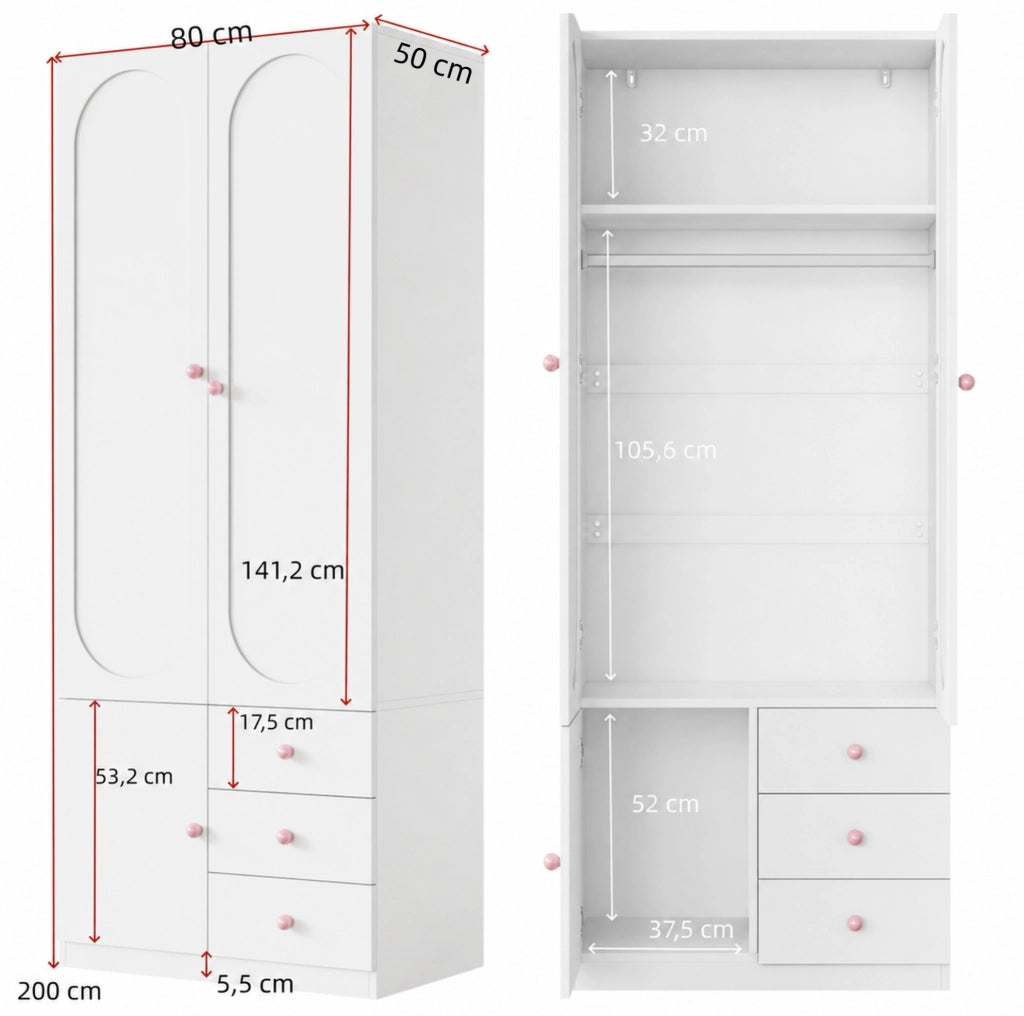 Armadio bianco in MDF con tre cassetti e maniglie rosa