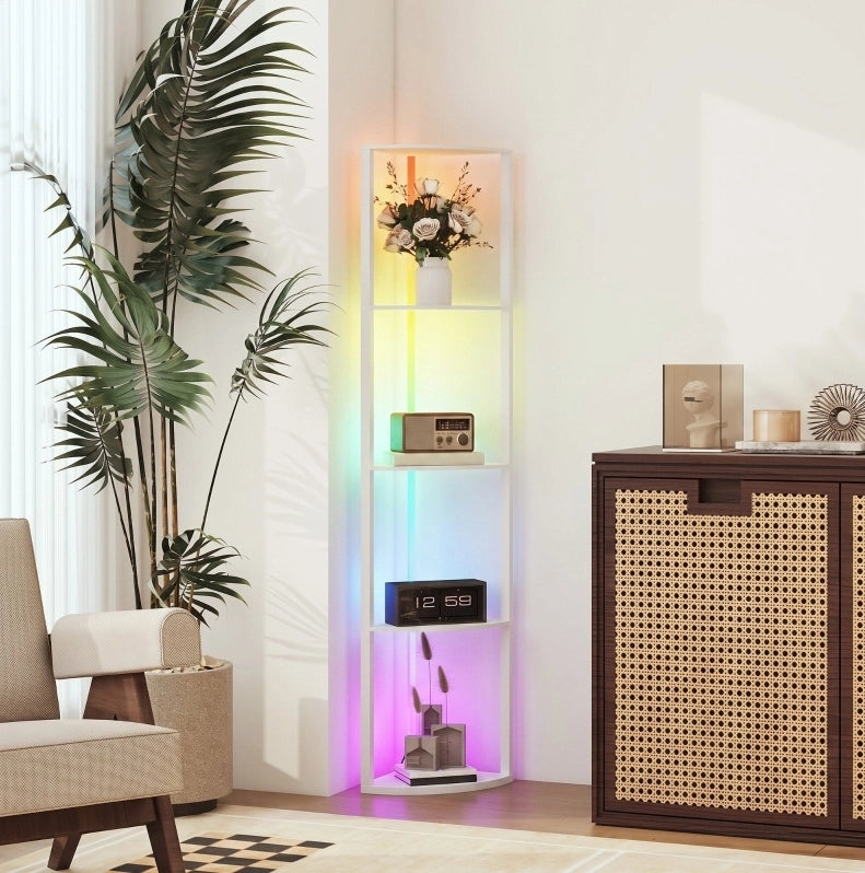 Lampada da terra angolare bianca con 5 ripiani e LED RGB