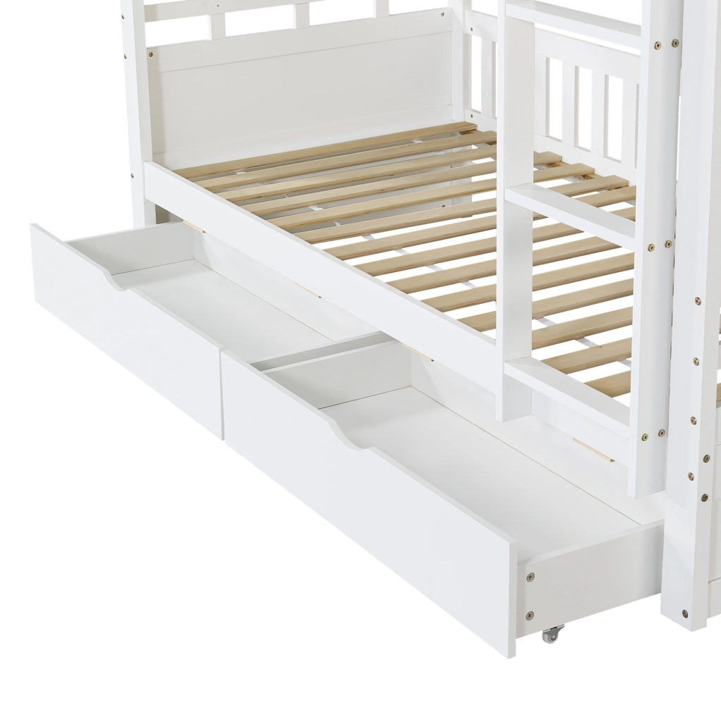 Letto a castello a casetta 90 x 200 cm bianco con 2 cassetti, vani laterali e scala