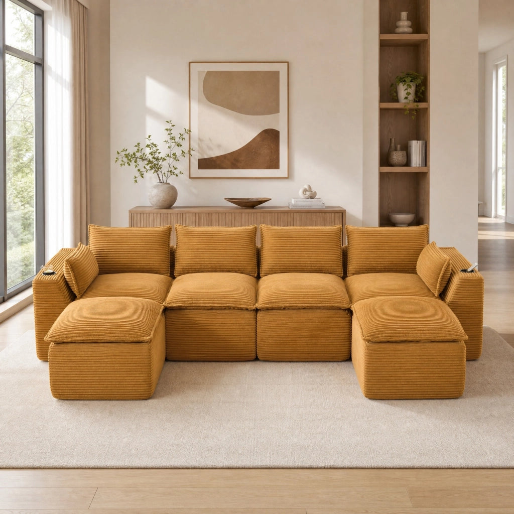 Divano modulare arancione in velluto a coste con pouf e tasche laterali