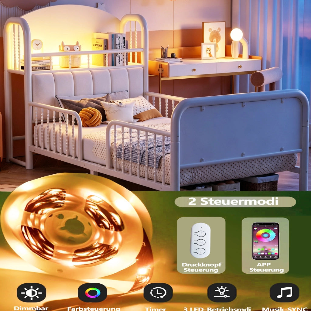Letto singolo bambini 90x200 cm con LED e sponde, bianco