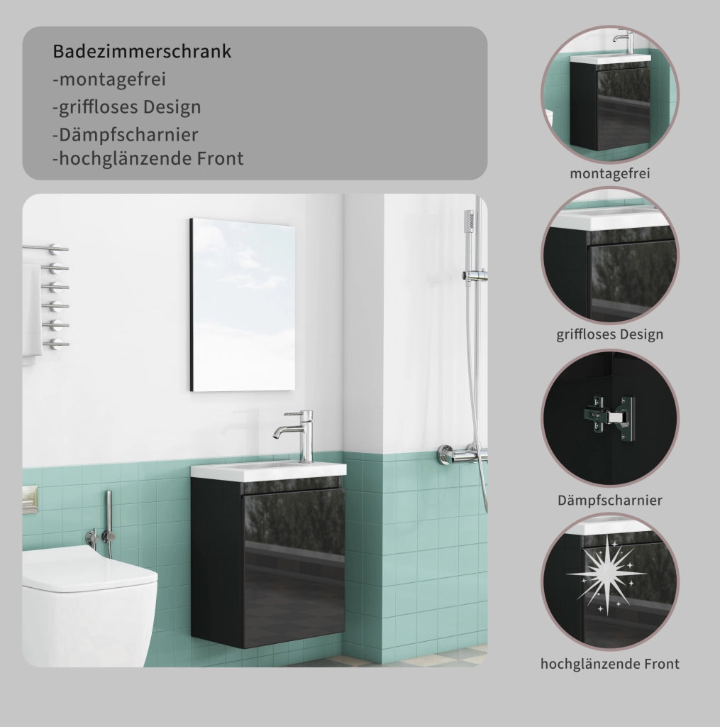 Mobile bagno sospeso da 40 cm nero lucido con lavabo e specchio