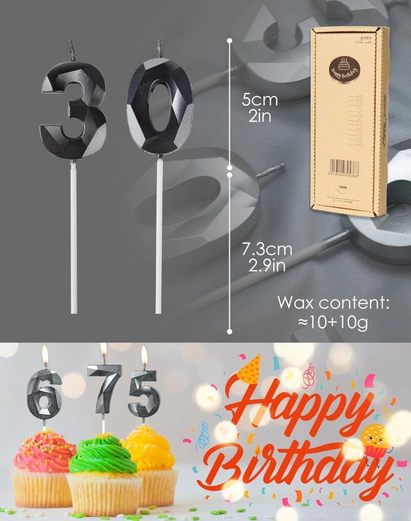 Set di candeline per compleanno – 2 pezzi, colore nero, numero 24
