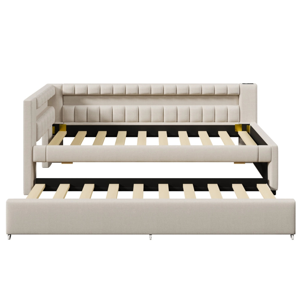 Daybed estraibile con illuminazione LED, 90x200 cm, in lino beige con porte USB e TYPE-C
