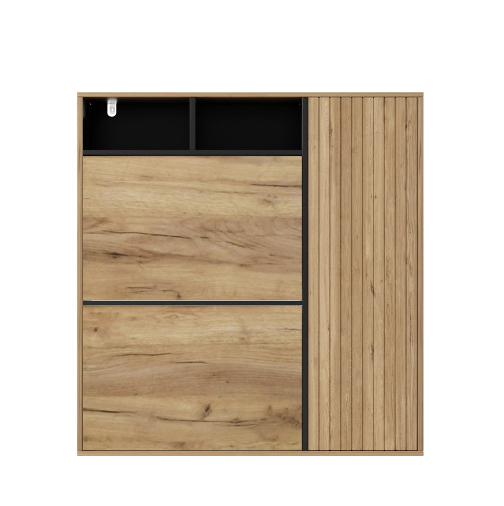 Scarpiera 90x24x94 cm naturale e nera in MDF con 2 ribalte e 1 anta