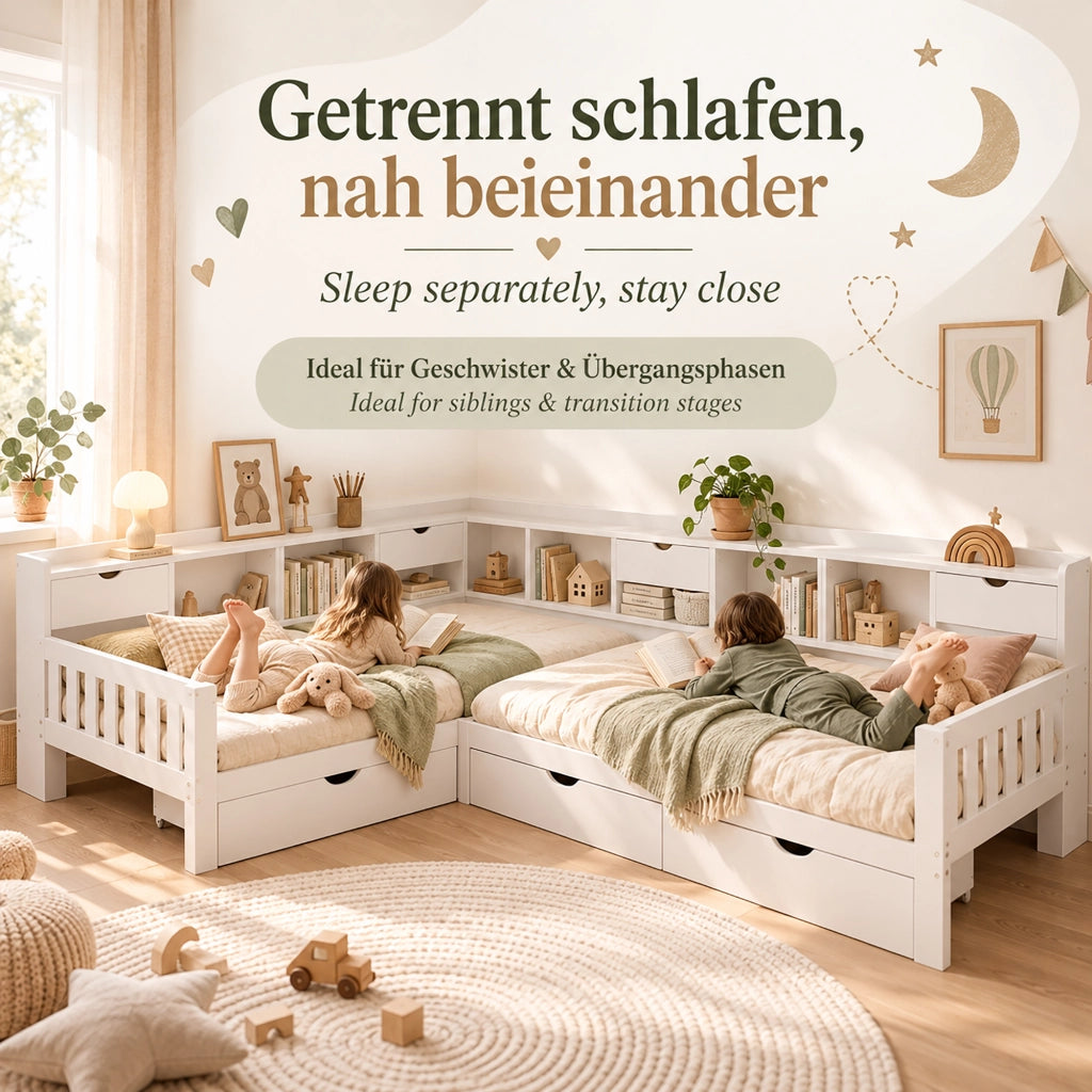 Letto per bambini a L 90x200 cm; 2 posti letto; contenitore; ripiani e 3 cassetti; in legno; bianco