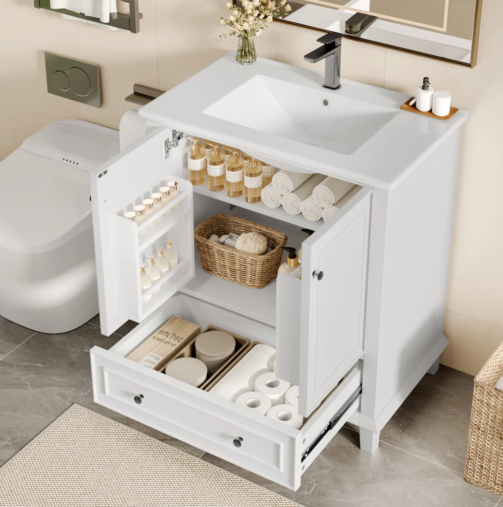 Mobile sottolavabo 76x46x87 cm bianco, MDF e ceramica, con piedini, 2 ante