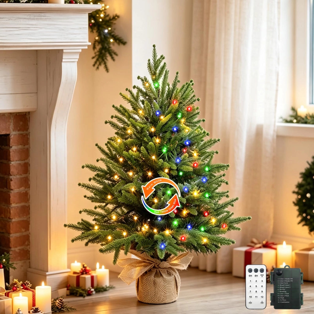 Albero di Natale artificiale mini, 60 cm, con timer, base in iuta e 40 luci a LED