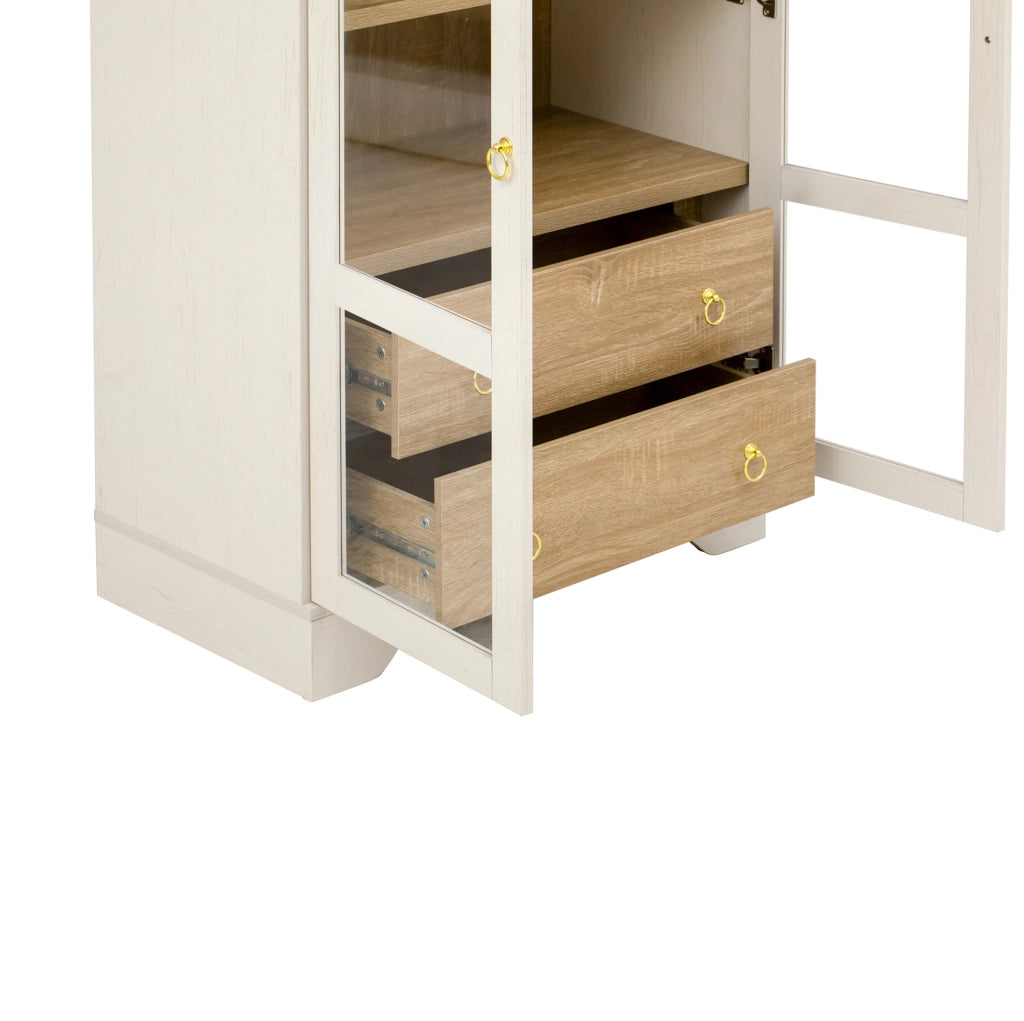 Credenza alta bianca con ante in vetro, ripiani regolabili e cassetti