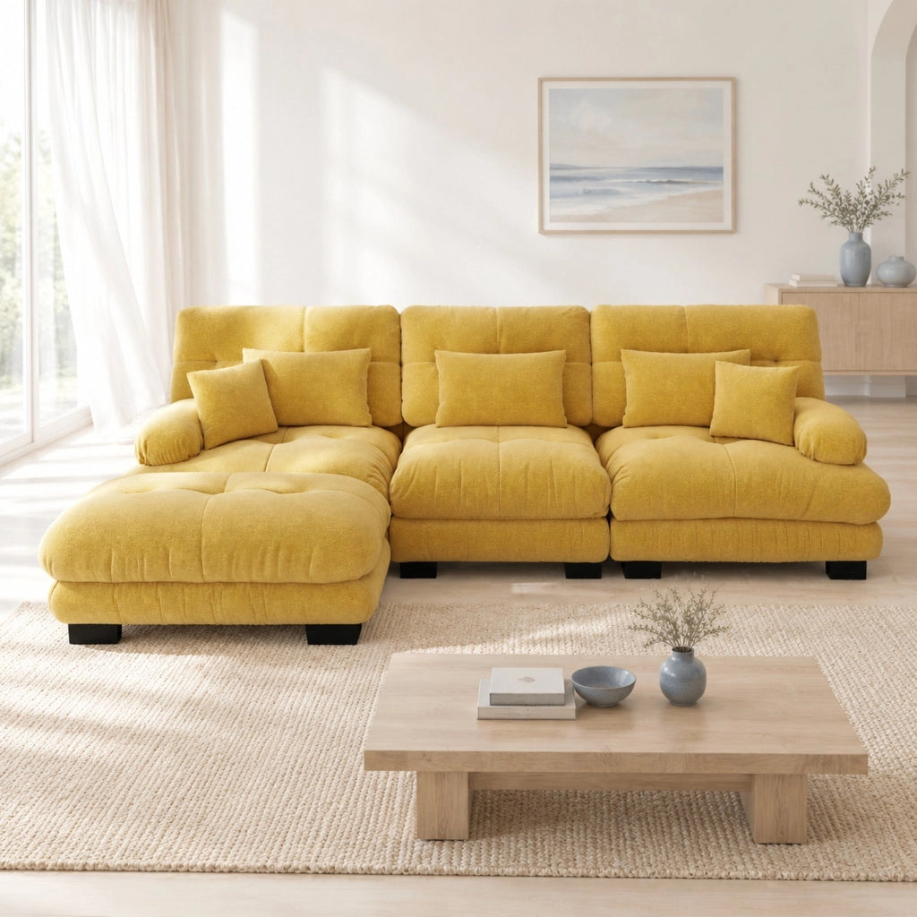 DIVANO Modulare in Chenille Giallo con pouf mobili