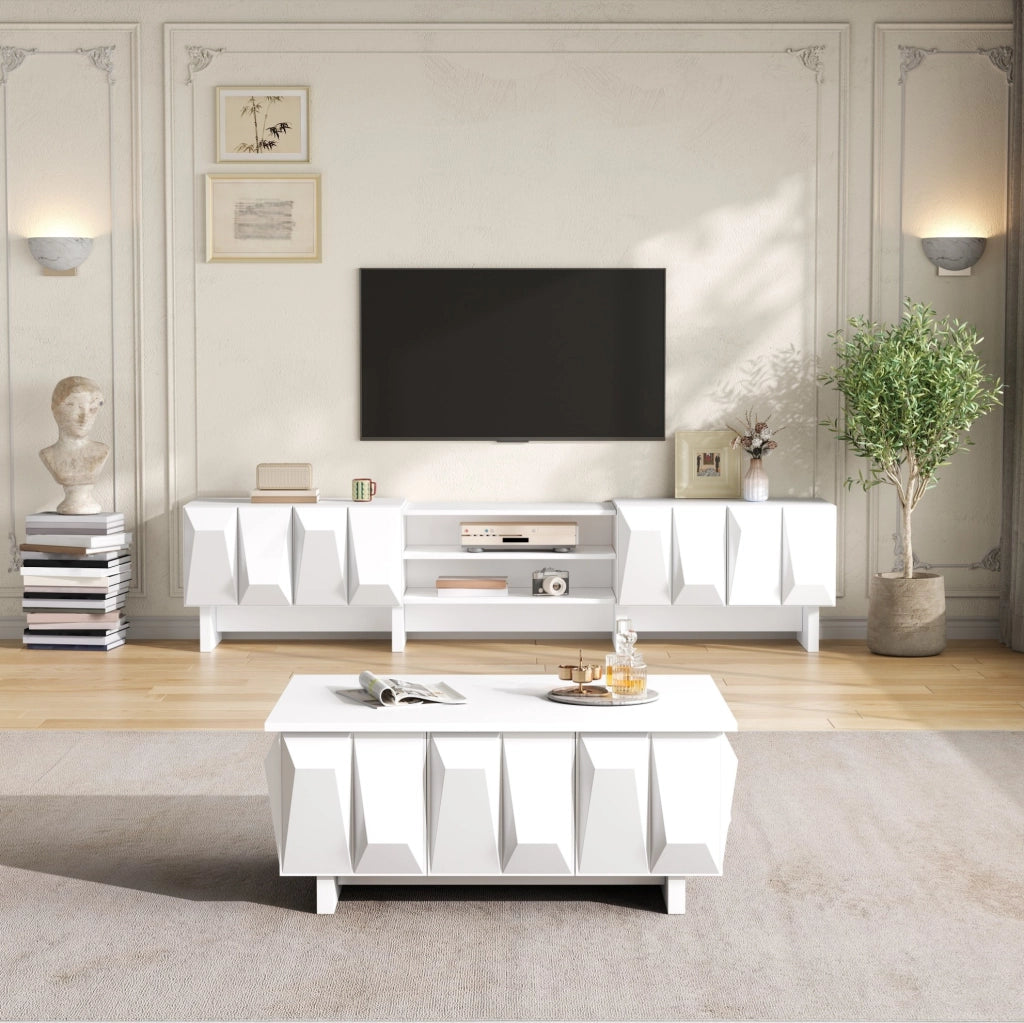 Set soggiorno bianco con mobile TV e tavolino, decoro a rombi
