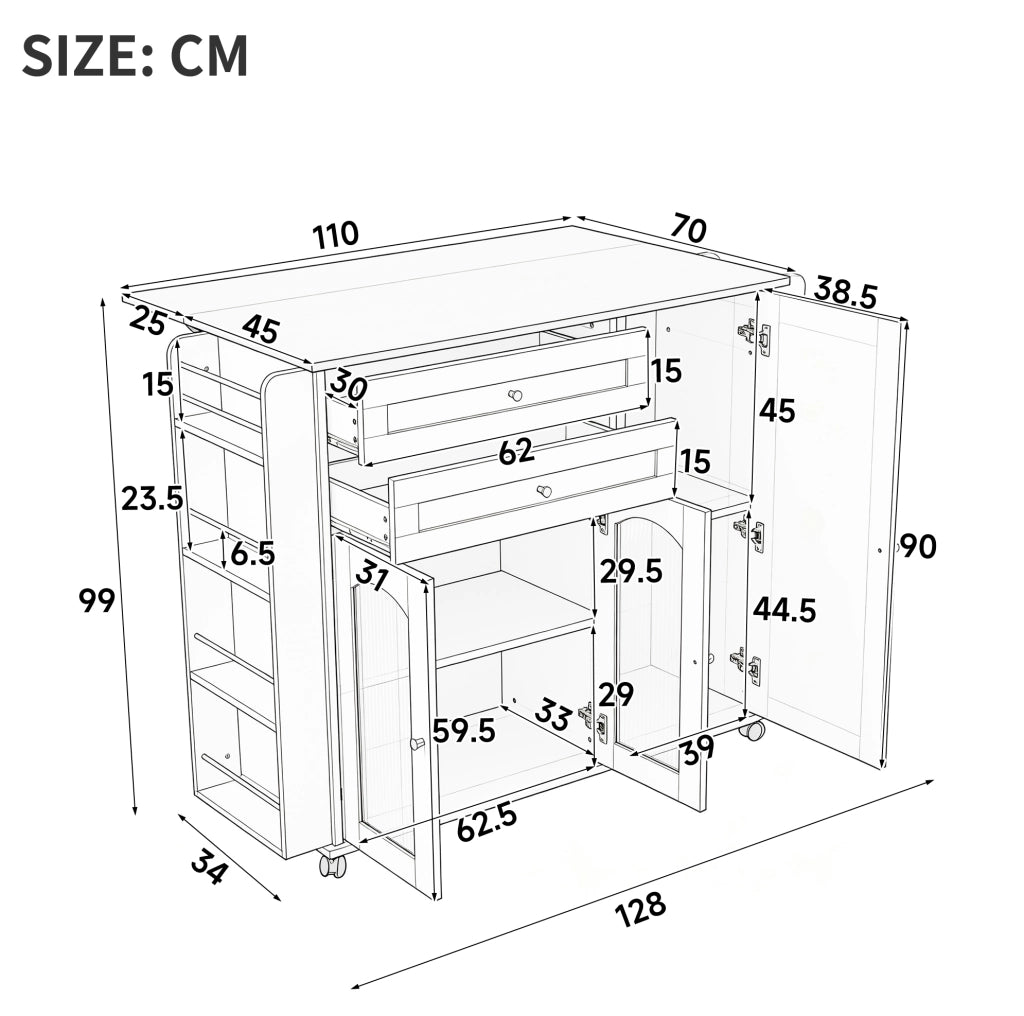 Isola cucina mobile 110 cm con piano ribaltabile, 2 cassetti, ante in vetro, scaffale laterale e ampio spazio di stoccaggio, nero e legno naturale