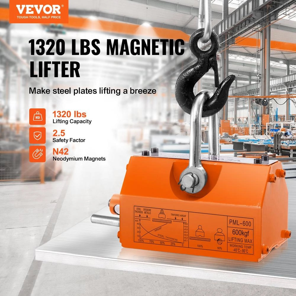 Sollevatore Magnetico Permanente PML-600 Neodimio N42 Acciaio Portata 600kg Base 210x118x118 mm per Officina e Fai da Te Robusto