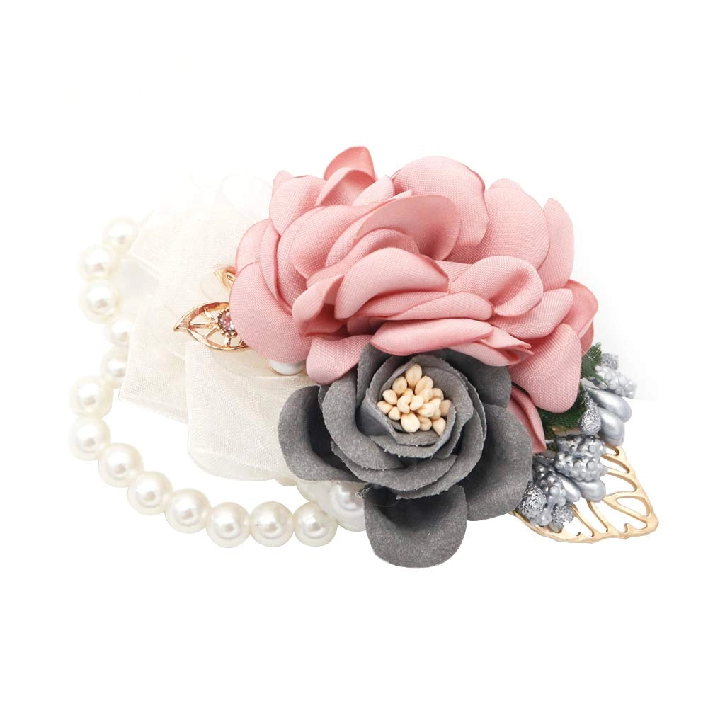 Fiore da polso con rose satinate, color champagne, 10 x 8 cm