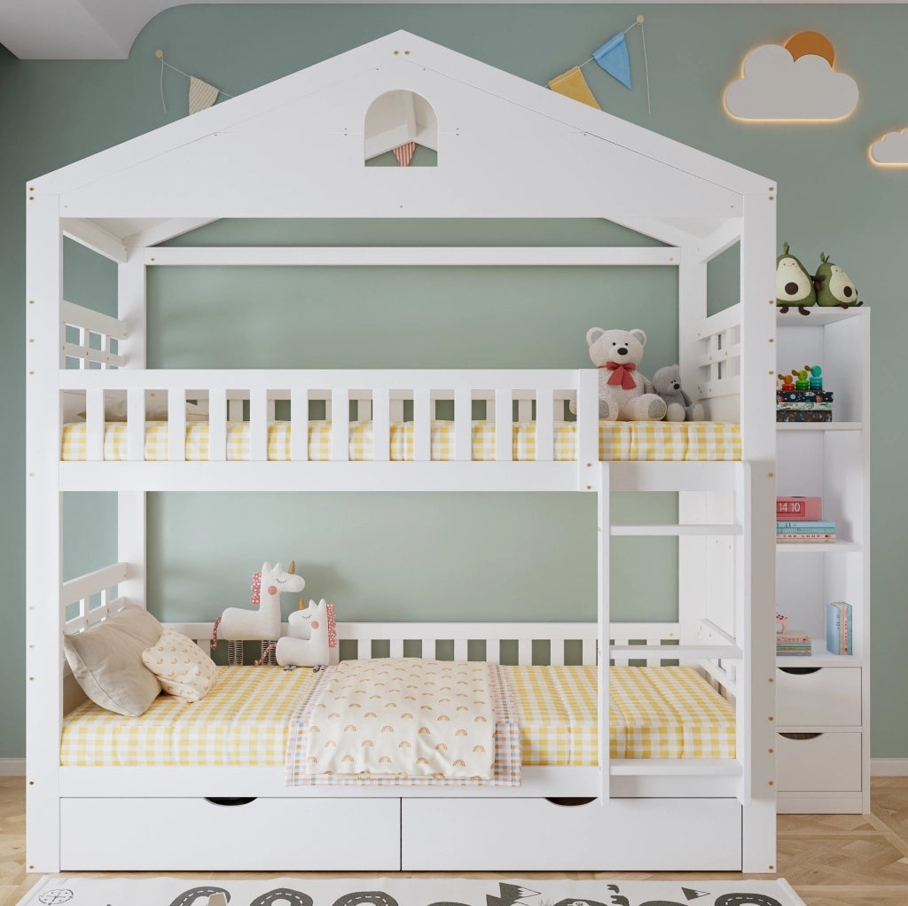 Letto a castello a casetta 90 x 200 cm bianco con 2 cassetti, vani laterali e scala