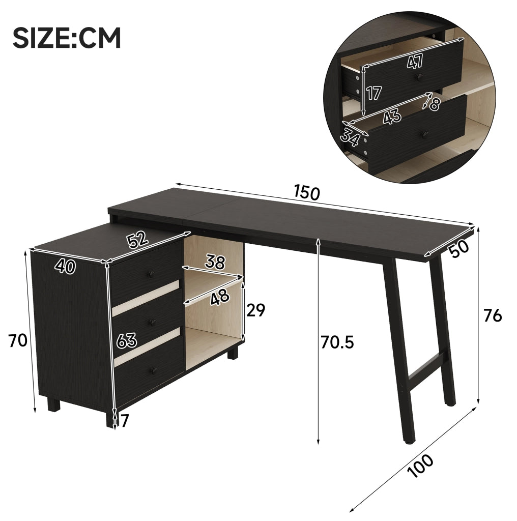 Scrivania angolare 150x100 cm nera e bianca in MDF con 3 cassetti