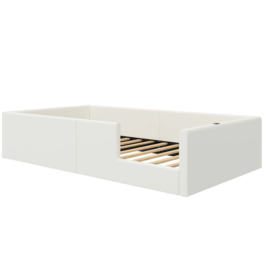 Letto piattaforma imbottito 90x200 cm con protezione e stazione di ricarica, bianco