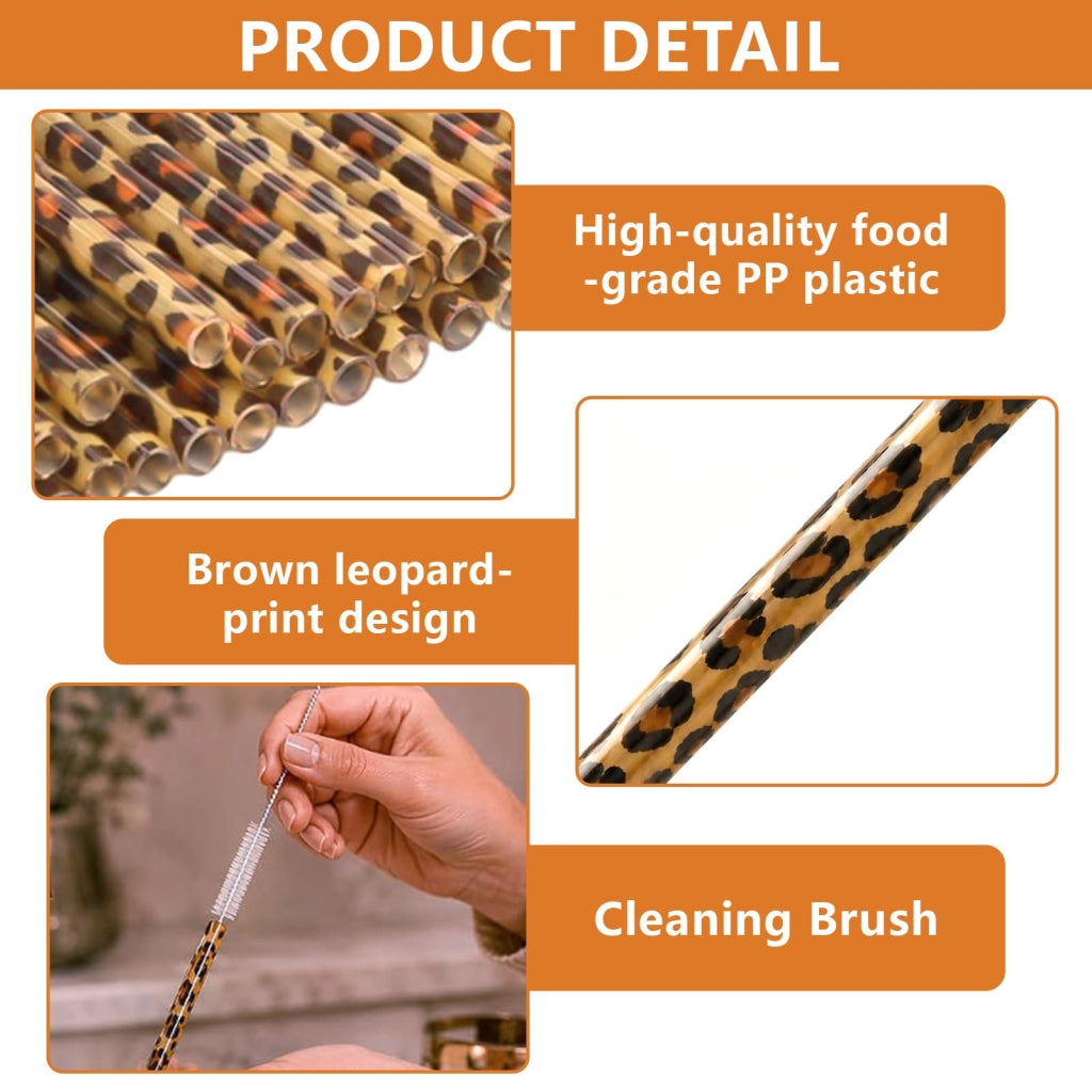 Set di 30 cannucce in plastica riutilizzabili, motivo leopardo, 23 cm