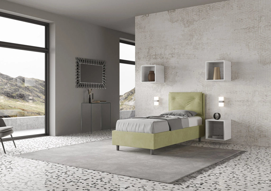 Letto Singolo Imbottito in Microfibra 90x210 Con Rete e Contenitore Appia Tè verde