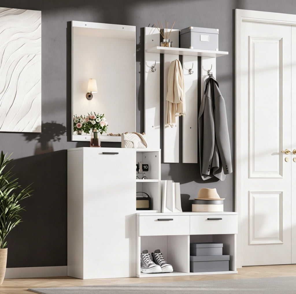 guardaroba ingresso 120x35x175,5 cm in MDF bianco con specchio e 2 cassetti