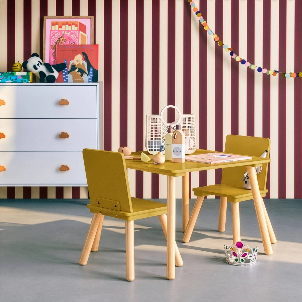 Set tavolo e 2 sedie per bambini, giallo