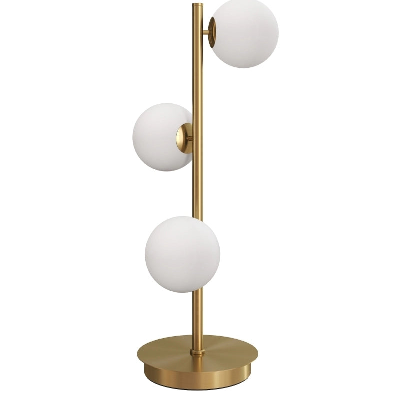 Lampada da tavolo con tre sfere color crema e finitura ottone anticato