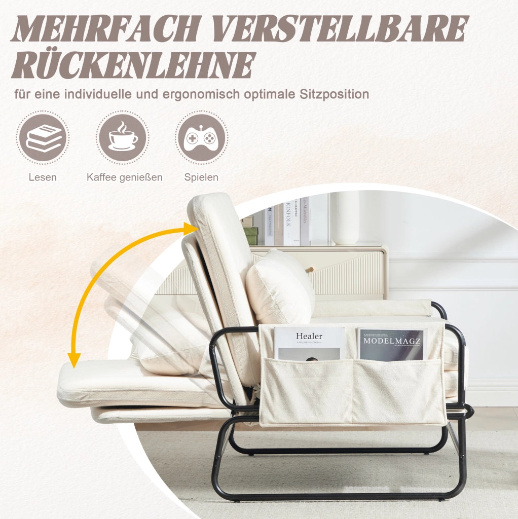 Divano letto a due posti in ciniglia beige con tasche laterali