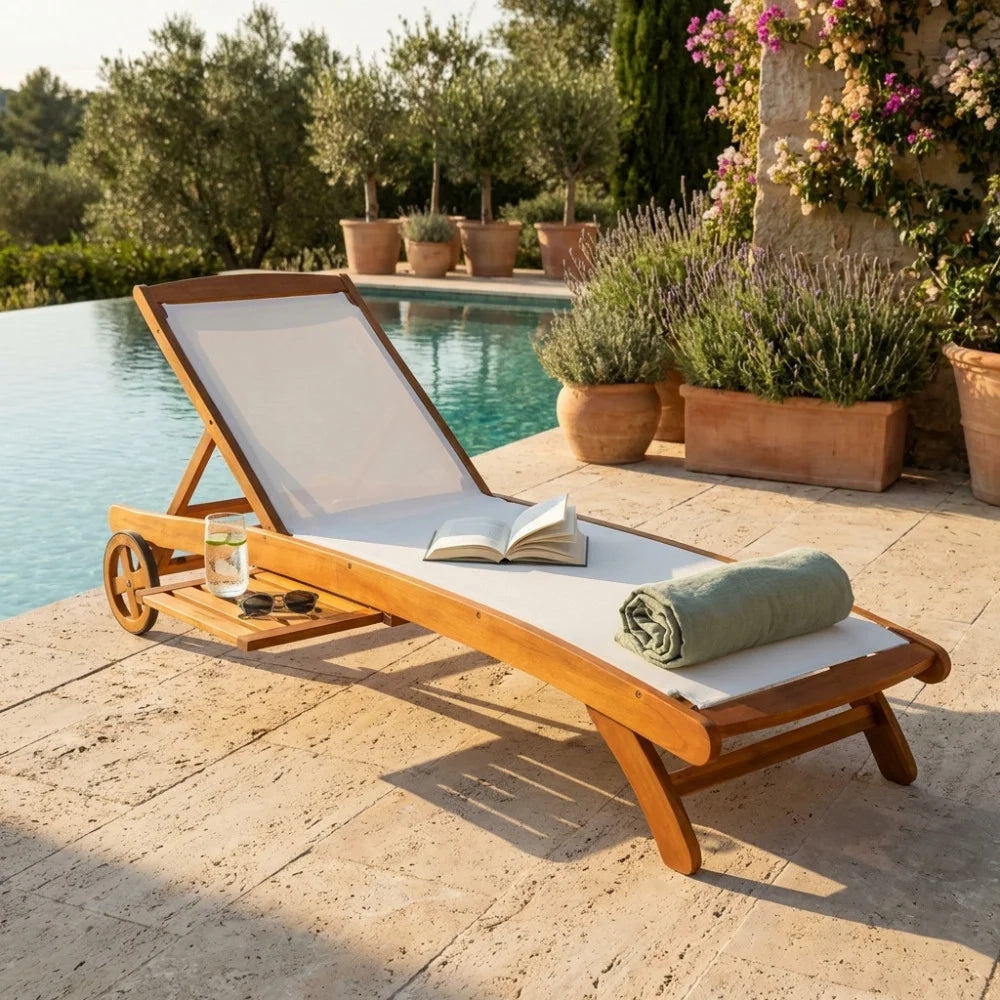 Lettino prendisole Legno con ruote in Legno Textilene Acacia cm 196x63x38 Myron Marrone