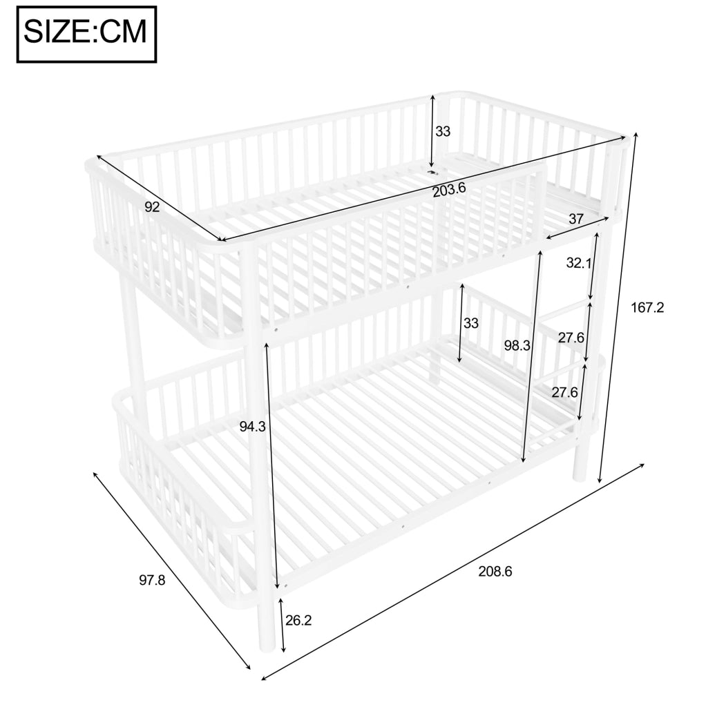 Letto a castello in metallo 90 x 200 cm bianco con sponde