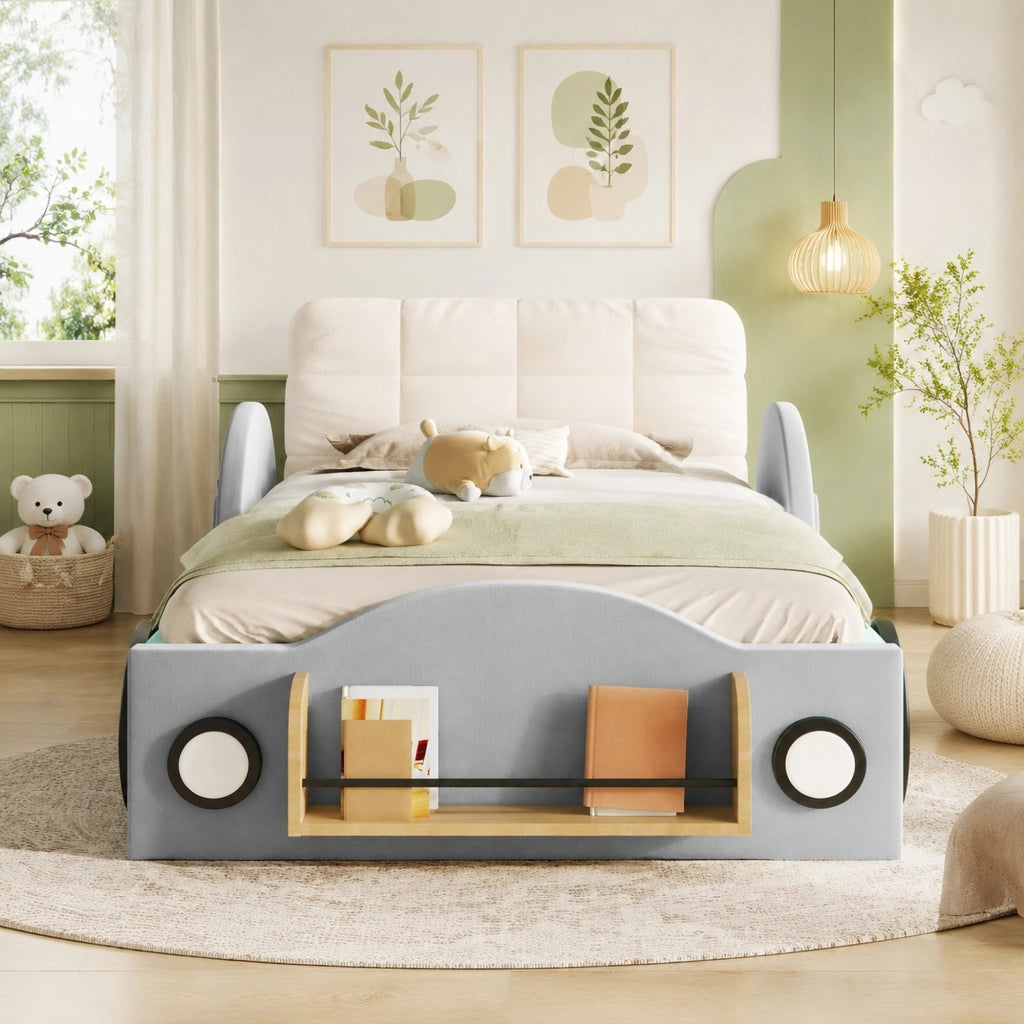 Letto contenitore 90 × 200 cm con sollevamento idraulico tasche laterali e ripiano per libri in velluto grigio