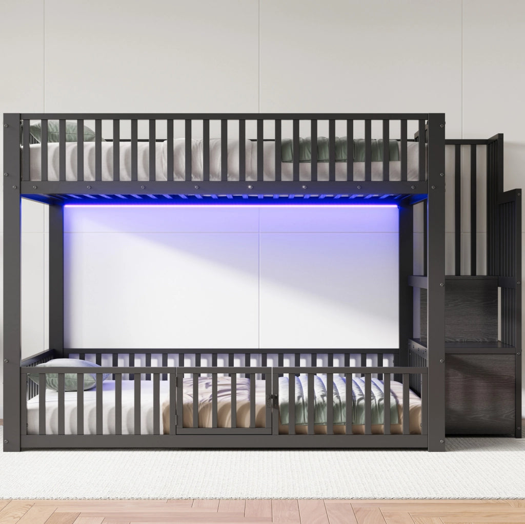 LETTO a castello 140x200 cm con scala contenitore e LED, nero, in MDF e metallo