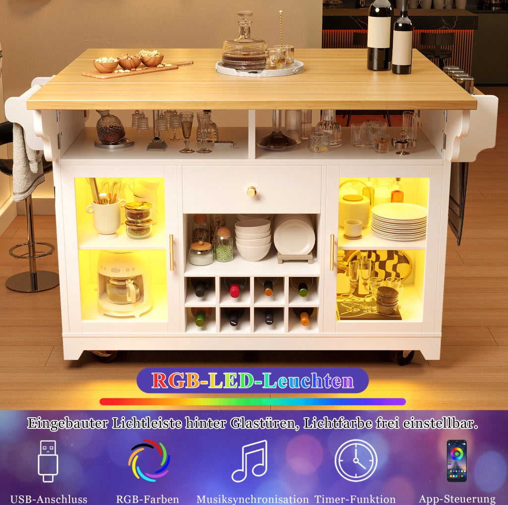 Carrello da cucina bianco con piano pieghevole e LED RGB