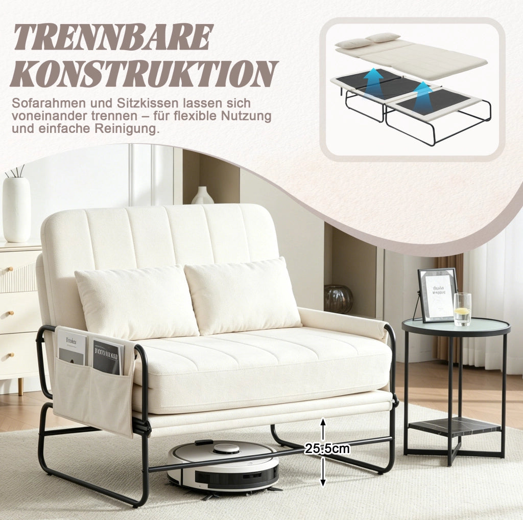 Divano letto a due posti in ciniglia beige con tasche laterali