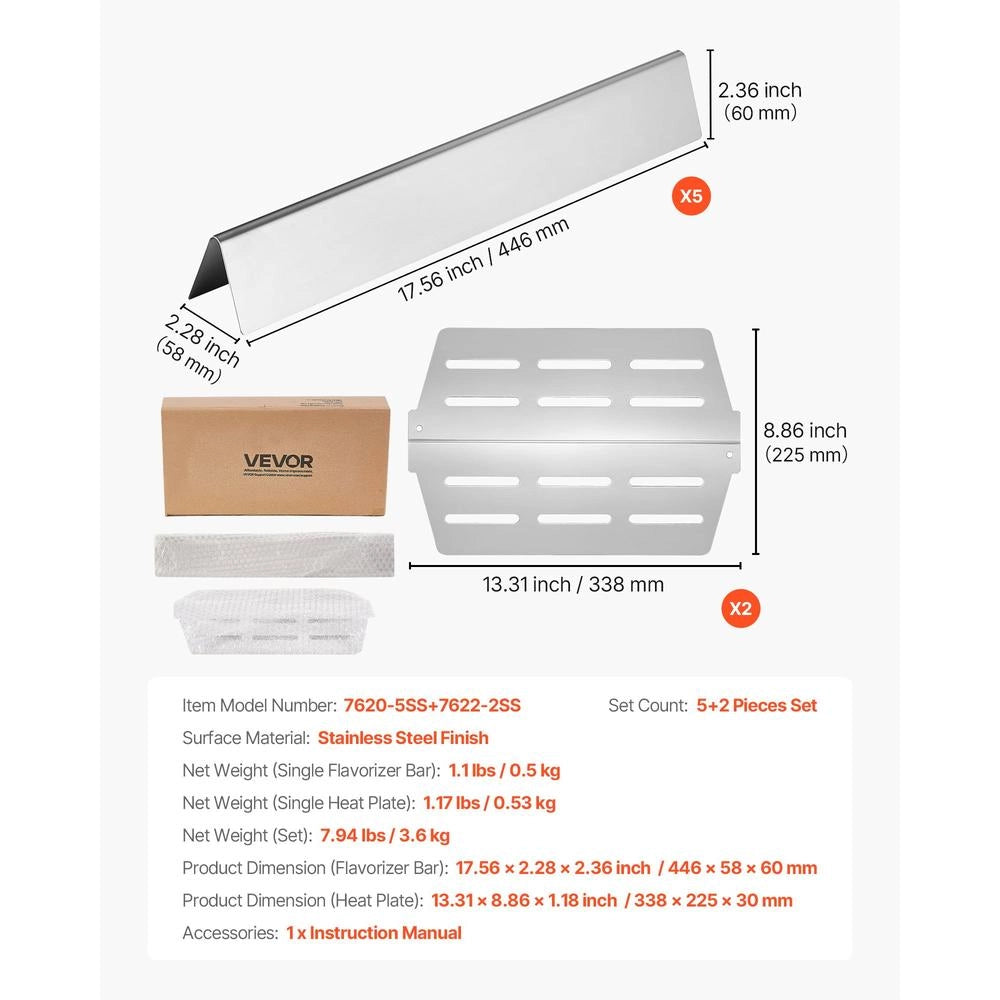 Set 5 Barre Aromatizzanti e 2 Piastre in Acciaio Inox per Griglia Weber Genesis Serie 300 E310 E320 E330 S310 S320 S330 Robuste per Barbecue