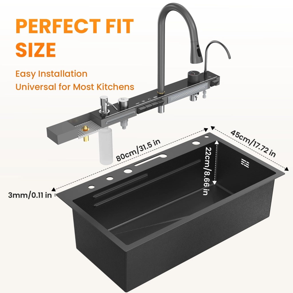 Lavello da incasso 80x45 cm, nero, completo di rubinetto a cascata e accessori