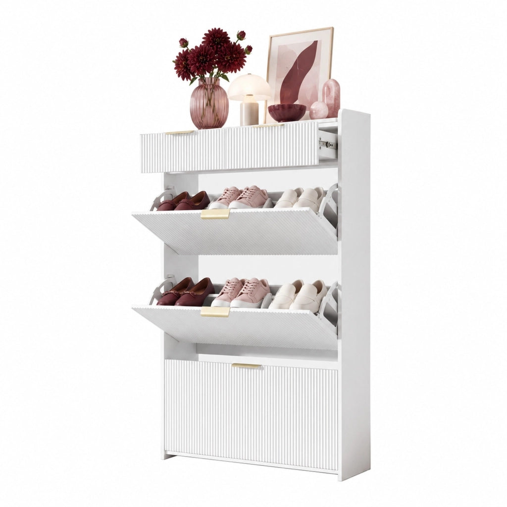 Scarpiera slim bianca con 3 vani a ribalta e 2 cassetti, 80 × 25 × 135 cm