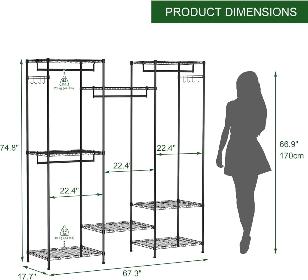 Stand Appendiabiti Guardaroba 171x45x190 cm con 4 Aste e 8 Ripiani Portata 200 kg
