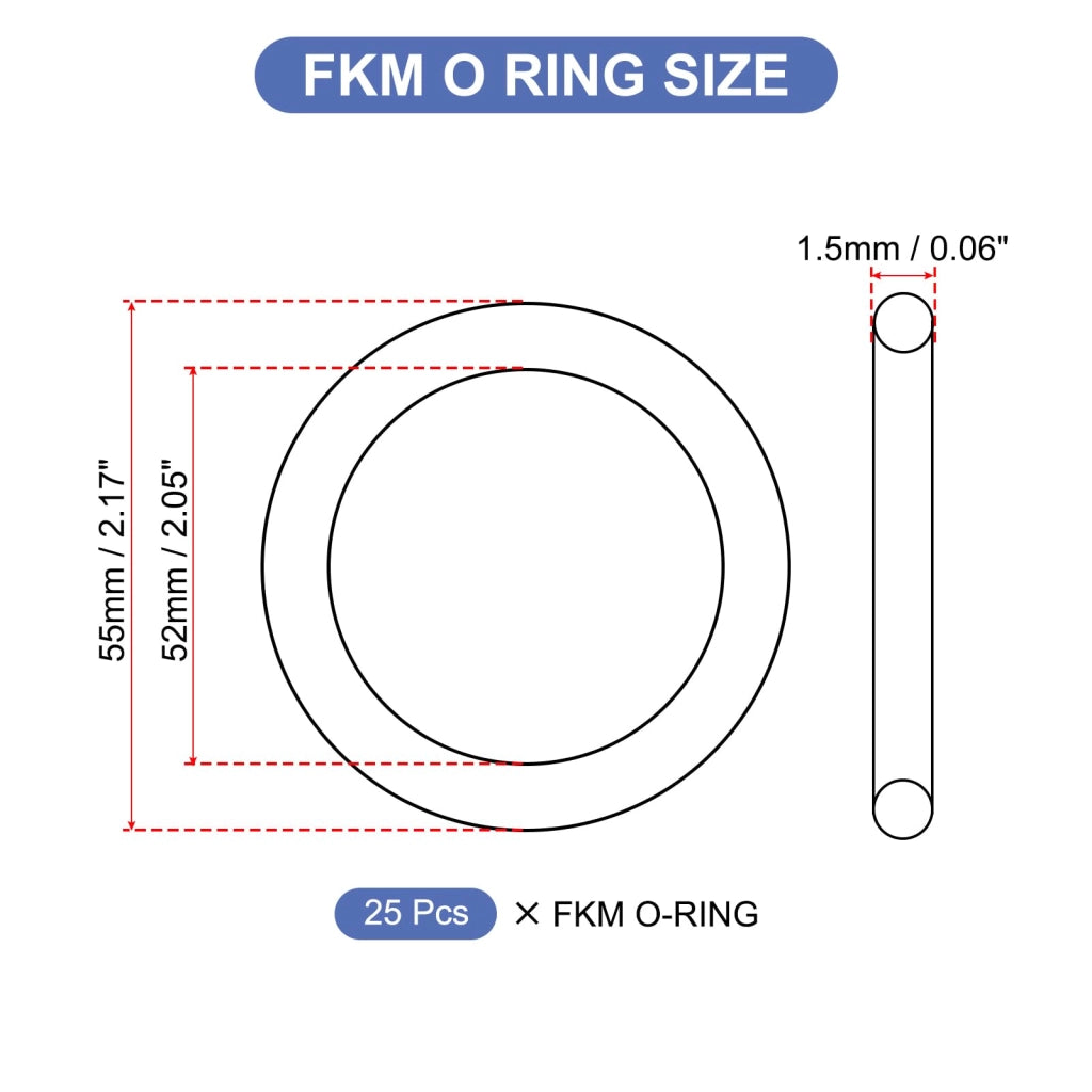O-ring in gomma FKM, confezione da 25 pezzi, dimensioni 55x52x1,5 mm, durezza 75A, colore nero