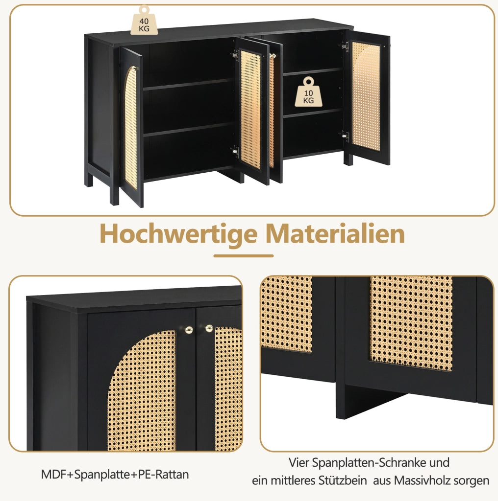 CREDENZA a 4 ante in rattan PE e MDF, nera