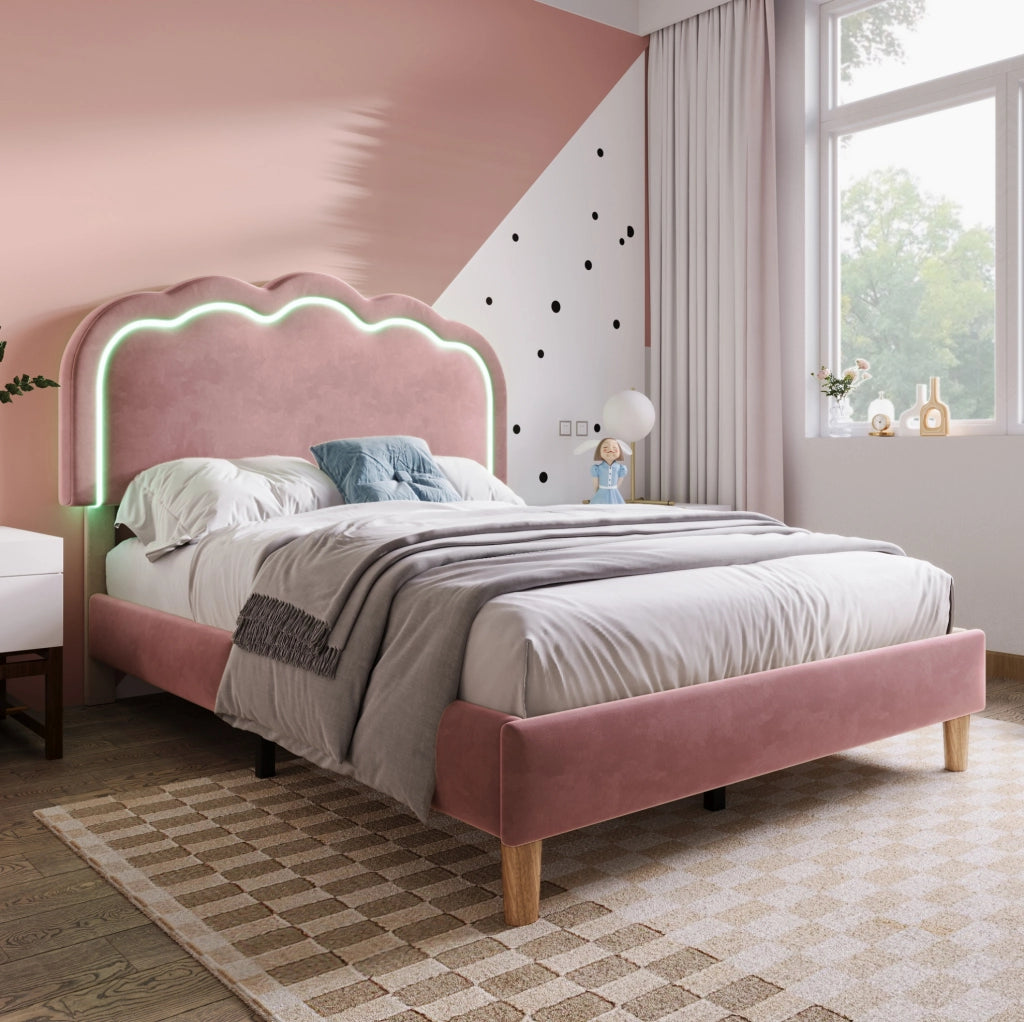 Letto singolo imbottito WUVRIE 90x190 cm con testiera LED regolabile in velluto rosa