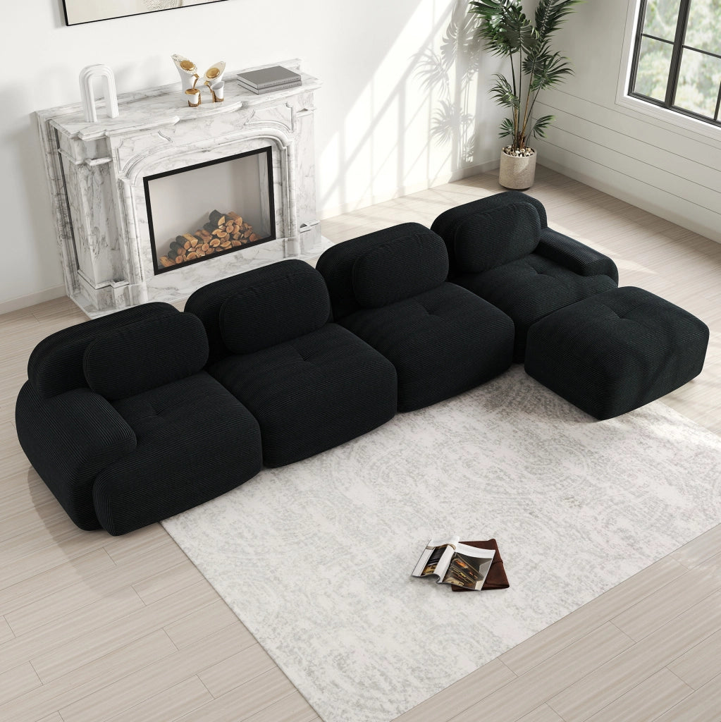 Divano angolare modulare in velluto a coste nero 388 × 178 cm