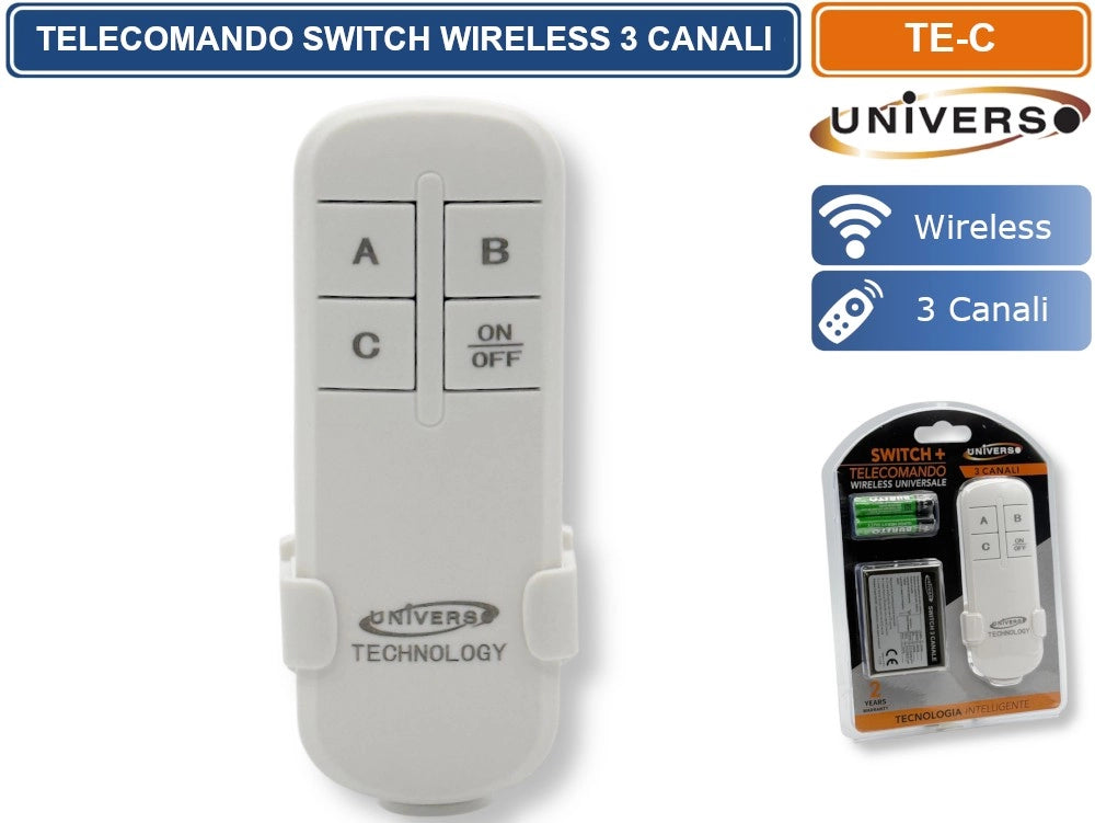UNIVERSO TE-C TELECOMANDO WIRELESS SWITCH 3 CANALI ON/OFF PORTATA FINO A 100 M