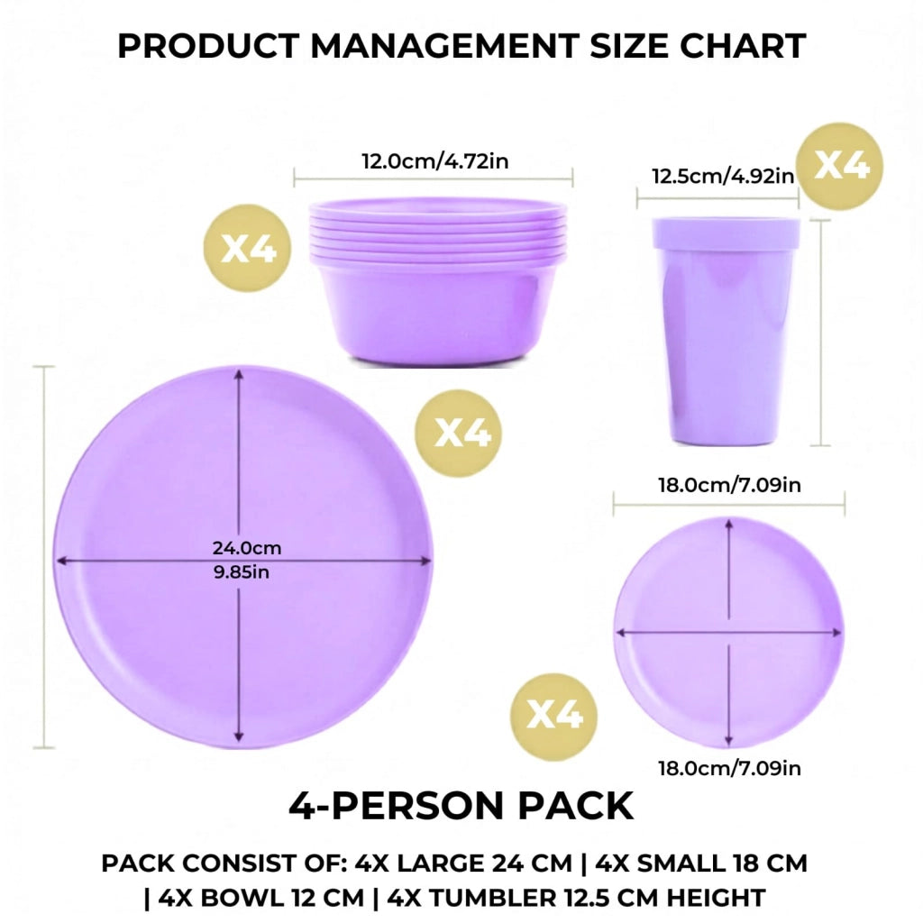 Set di stoviglie in plastica da 16 pezzi, colore viola, adatto al microonde e lavabile in lavastoviglie
